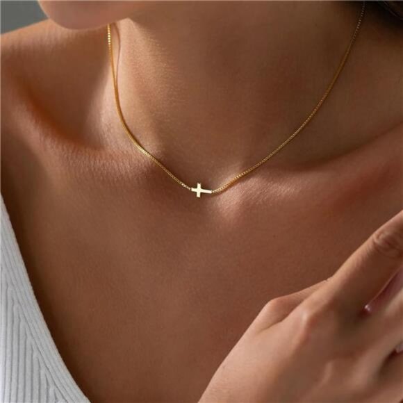 14K Real Gold Plated Dainty Small Cross Pendant Choker Cute Cross Charm Chain - Picture 2 of 5